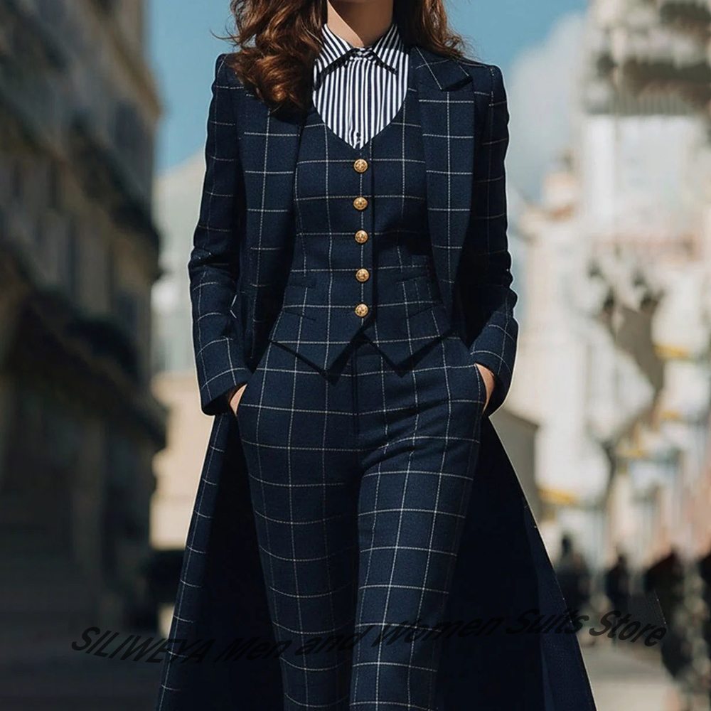 Women Formal Wear Shirts - Sophisticated Navy Blue Women's Plaid Blazers