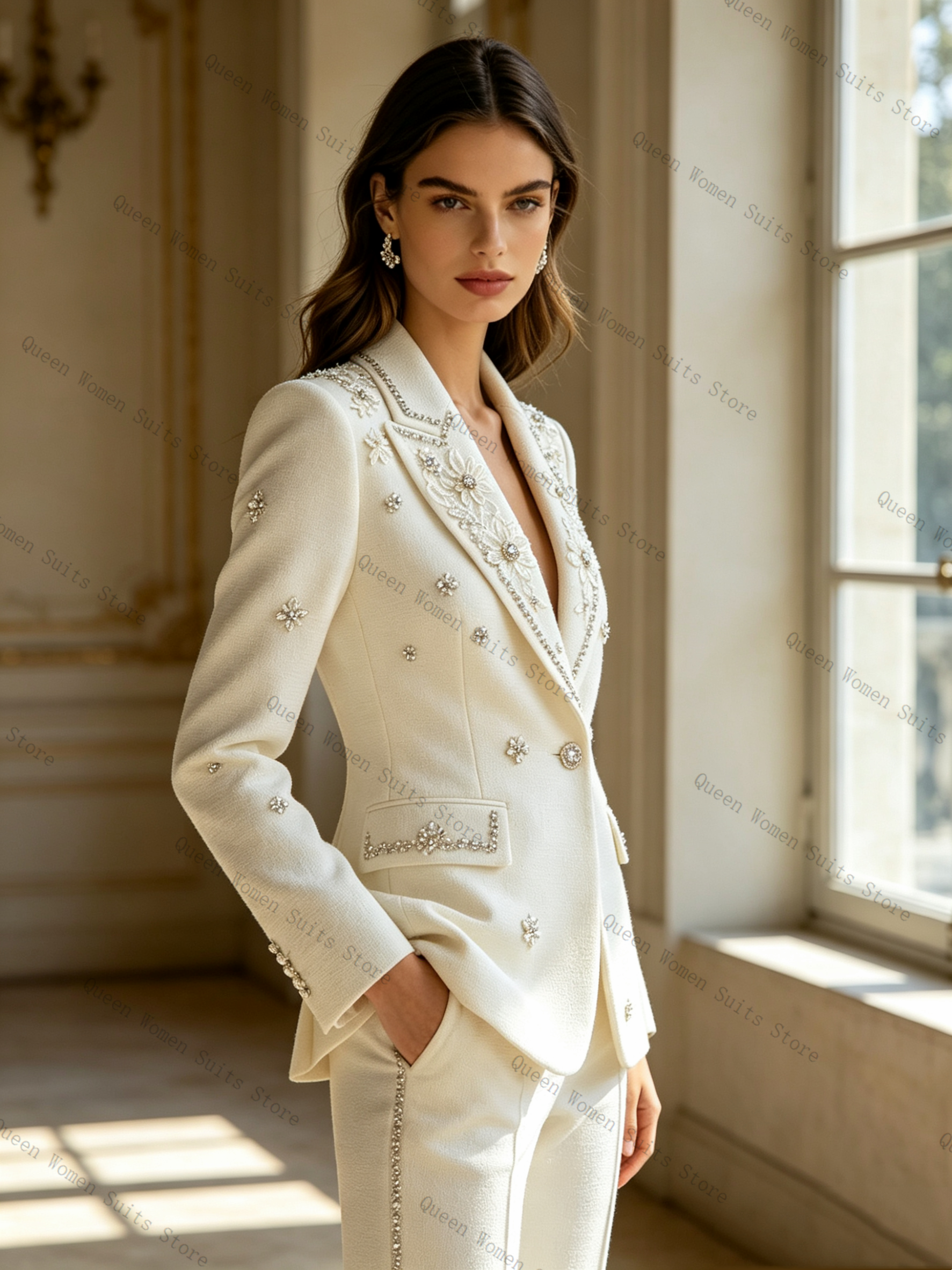 White Crystals Women Suit Set  - Women Formal Wear Coat reseña y precio