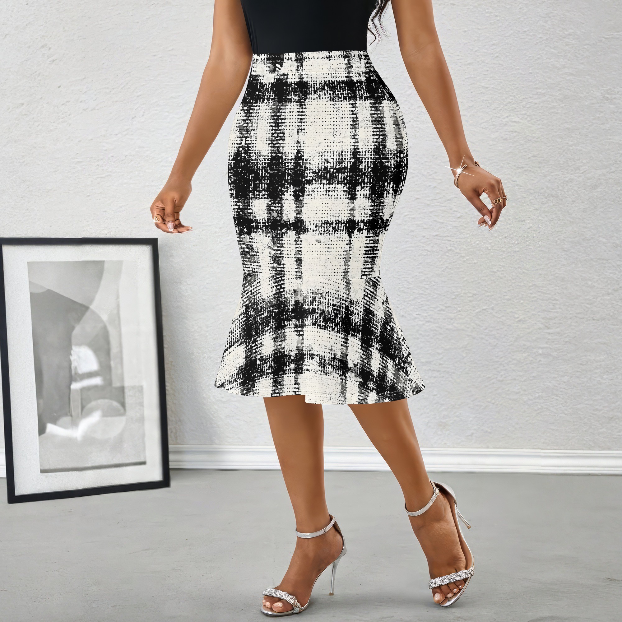 Black White Plaid Midi Skirt,  - Women Formal Wear Black And White reseña y precio