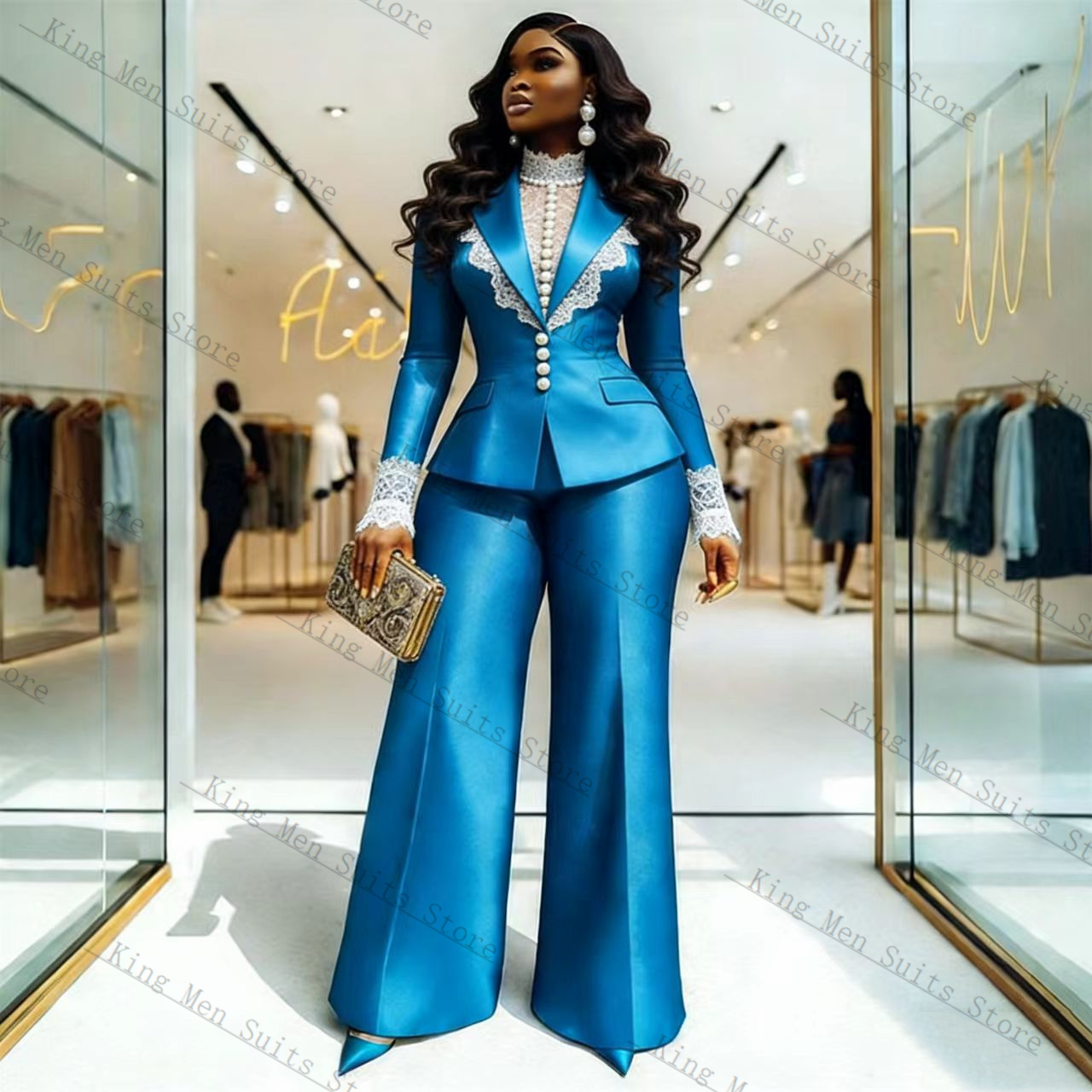 Blue Satin Lace Women Suit Set - Women Formal Wear Coat reseña y precio