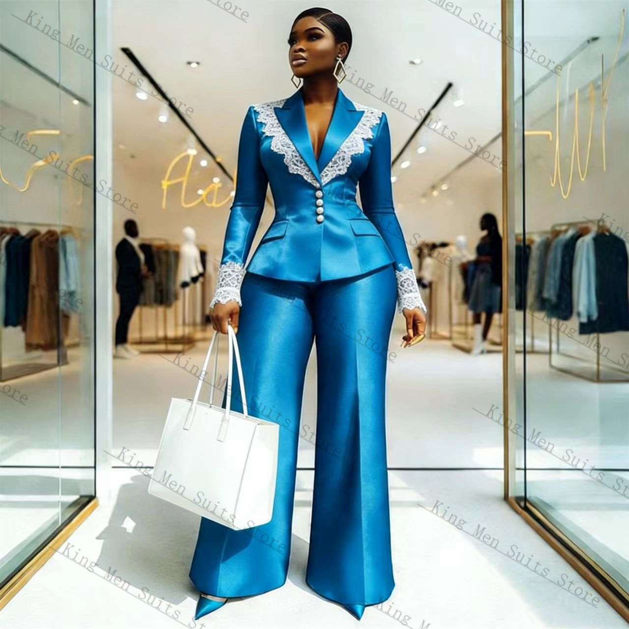 Blue Satin Lace Women Suit Set - Women Formal Wear Coat reseña y precio
