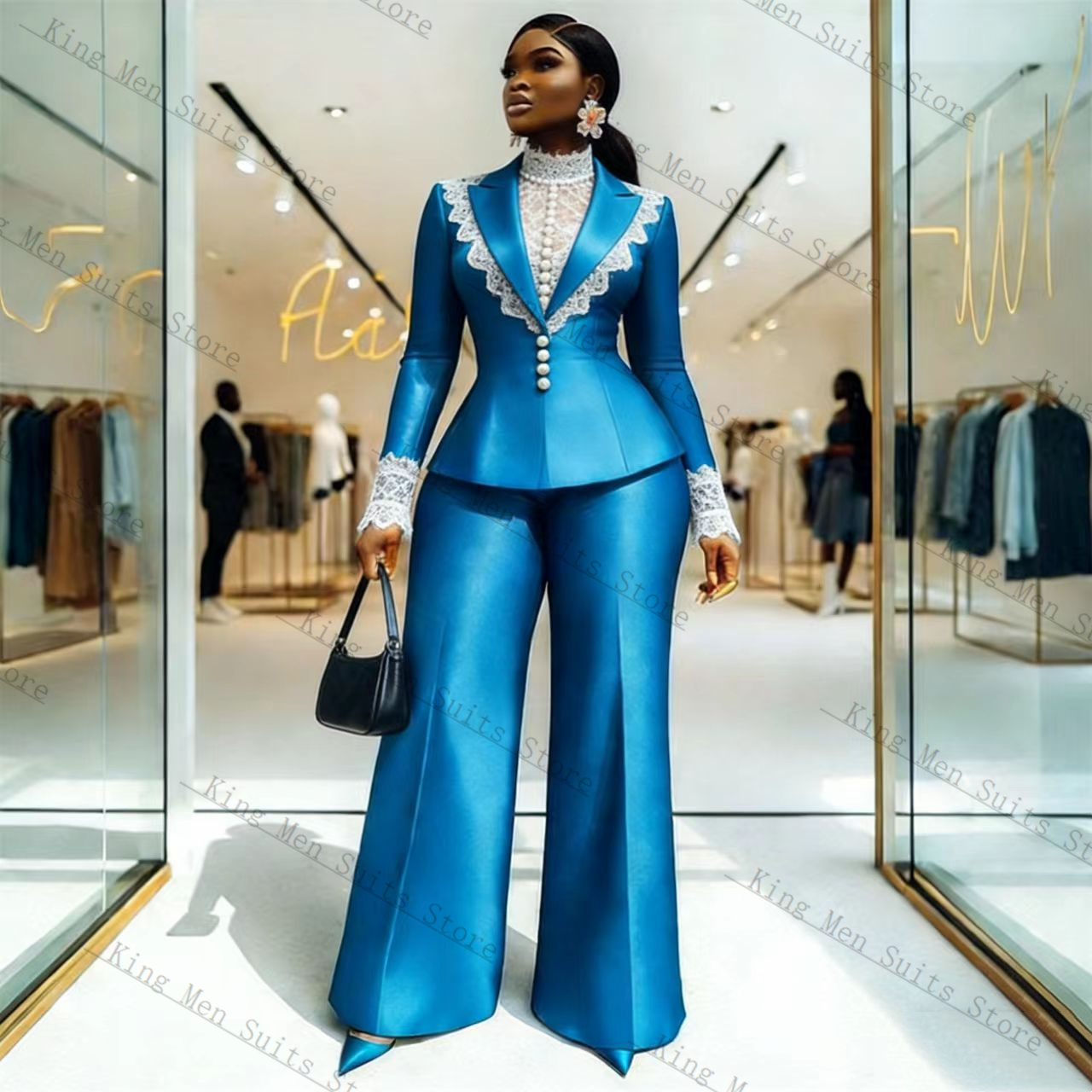 Blue Satin Lace Women Suit Set - Women Formal Wear Coat reseña y precio
