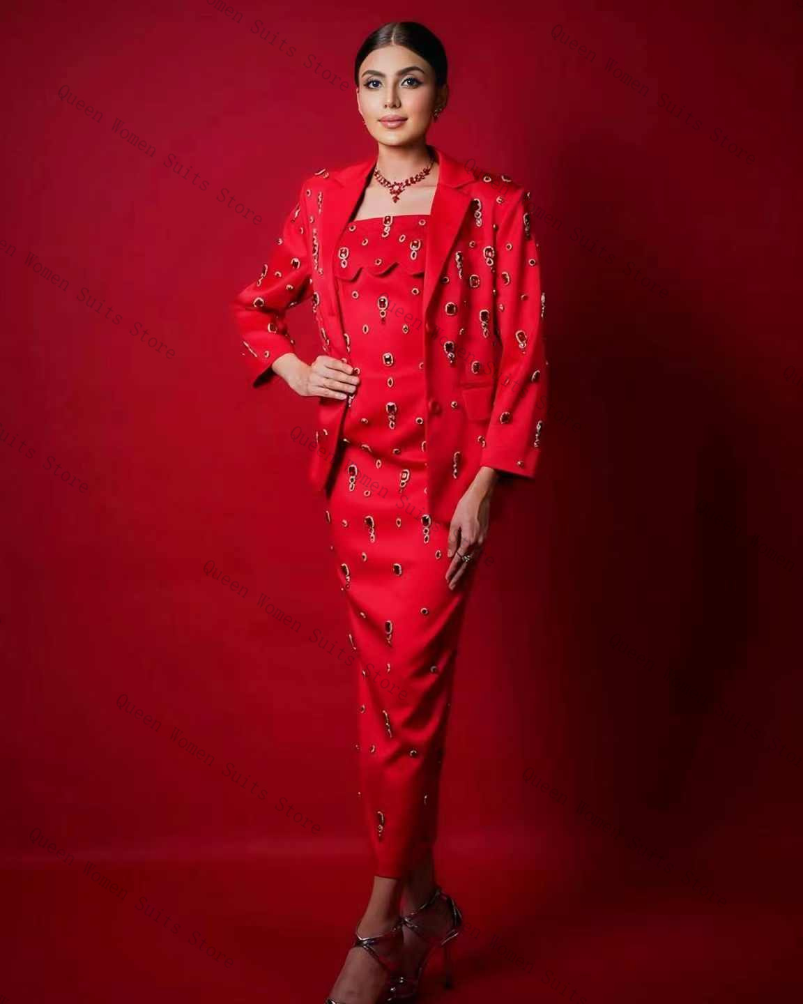 Luxury Red Crystals Women Suit - Women Formal Wear Coat reseña y precio